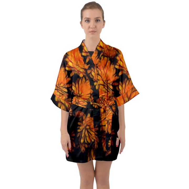 Yellow Flower Abstract Quarter Sleeve Kimono Robe