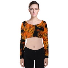 Yellow Flower Abstract Velvet Long Sleeve Crop Top by bloomingvinedesign