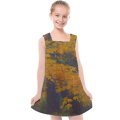 Yellow Fall Leaves And Branches Kids  Cross Back Dress