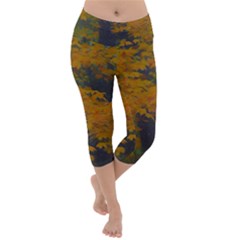 Yellow Fall Leaves And Branches Lightweight Velour Capri Yoga Leggings