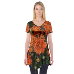 Orange Fall Mums Short Sleeve Tunic  by bloomingvinedesign