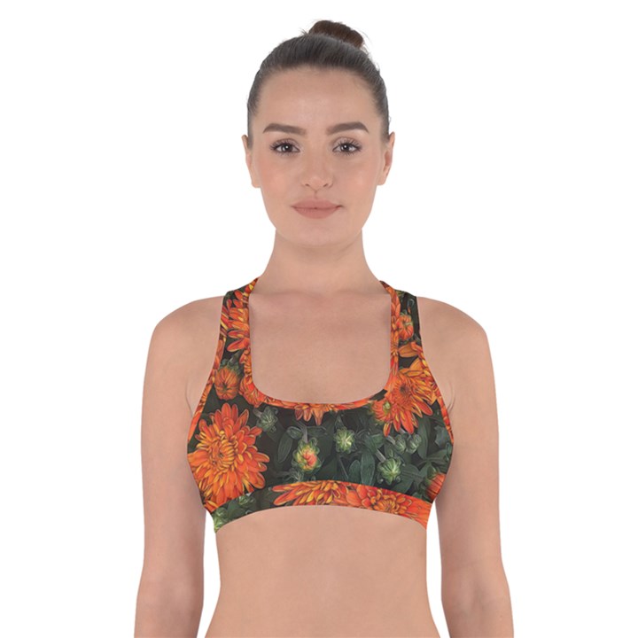 Orange Fall Mums Cross Back Sports Bra