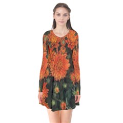 Orange Fall Mums Long Sleeve V-neck Flare Dress