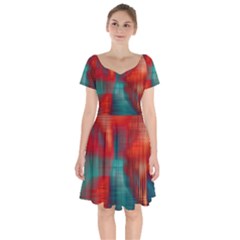 Green Red Lines Short Sleeve Bardot Dress