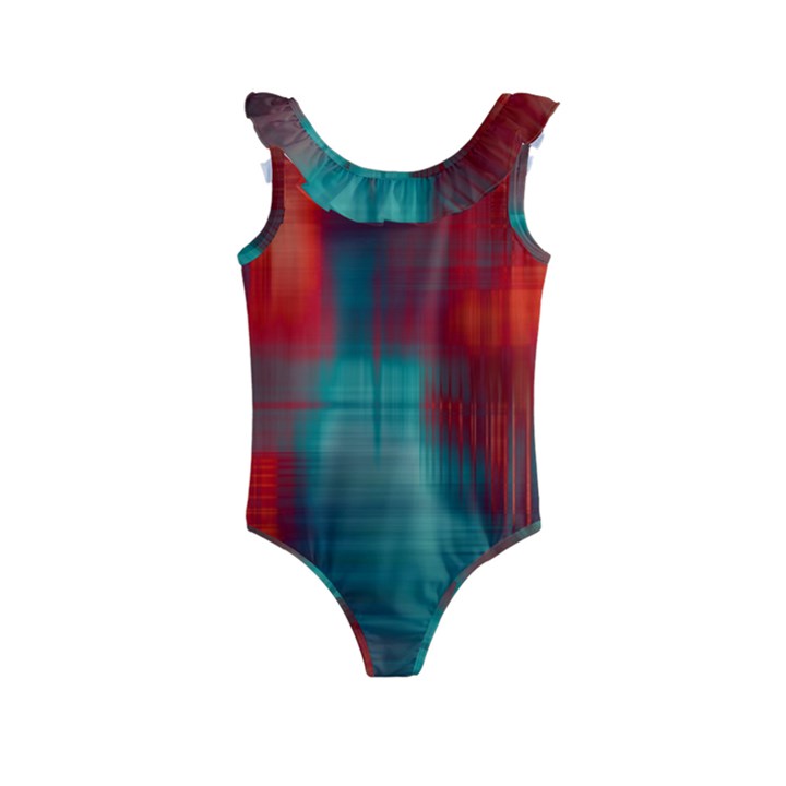 Green_Red Lines Kids  Frill Swimsuit