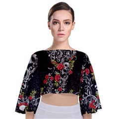 Skull Rose Tie Back Butterfly Sleeve Chiffon Top by Wanni