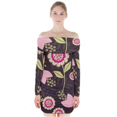 Flowers Wallpaper Floral Decoration Long Sleeve Off Shoulder Dress by Sapixe