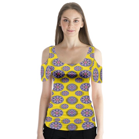 Sunshine And Floral In Mind For Decorative Delight Butterfly Sleeve Cutout Tee  by pepitasart