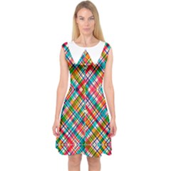 Modern Multicolored Tartanplaid Pattern Capsleeve Midi Dress by PKHarrisPlace