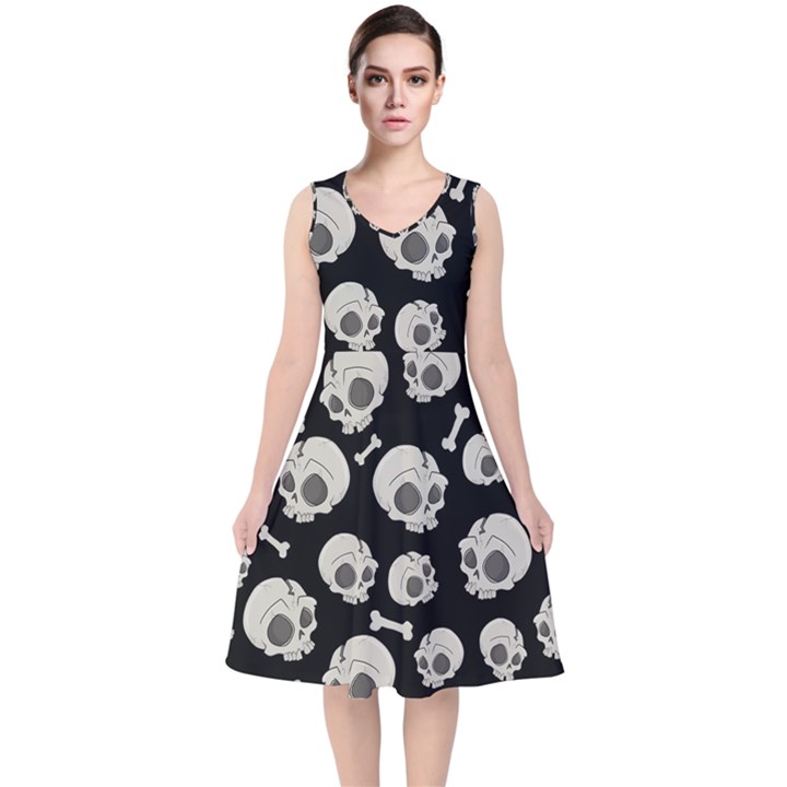 Halloween skull pattern V-Neck Midi Sleeveless Dress 