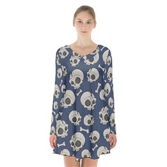 Halloween Skull Pattern Long Sleeve Velvet V-neck Dress