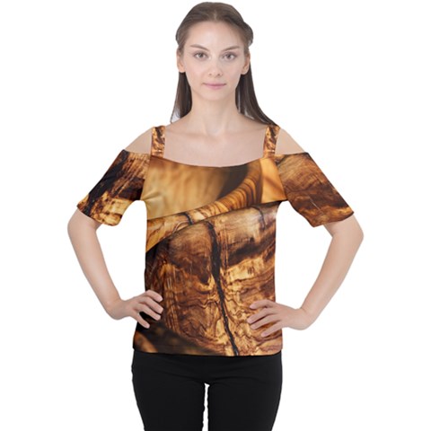 Olive Wood Wood Grain Structure Cutout Shoulder Tee by Sapixe