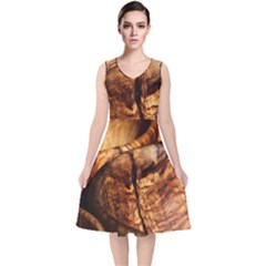 Olive Wood Wood Grain Structure V-neck Midi Sleeveless Dress  by Sapixe