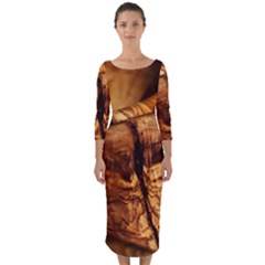 Olive Wood Wood Grain Structure Quarter Sleeve Midi Bodycon Dress by Sapixe