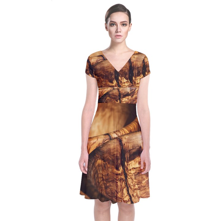 Olive Wood Wood Grain Structure Short Sleeve Front Wrap Dress