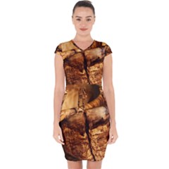 Olive Wood Wood Grain Structure Capsleeve Drawstring Dress  by Sapixe