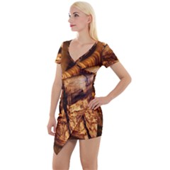 Olive Wood Wood Grain Structure Short Sleeve Asymmetric Mini Dress by Sapixe