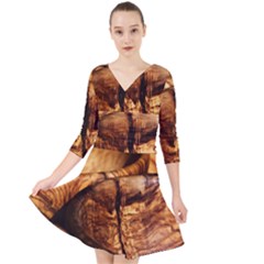 Olive Wood Wood Grain Structure Quarter Sleeve Front Wrap Dress by Sapixe