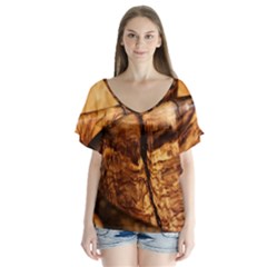 Olive Wood Wood Grain Structure V-neck Flutter Sleeve Top by Sapixe