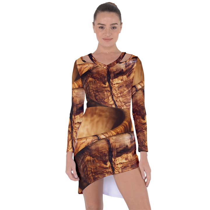 Olive Wood Wood Grain Structure Asymmetric Cut-Out Shift Dress