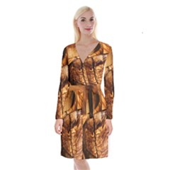 Olive Wood Wood Grain Structure Long Sleeve Velvet Front Wrap Dress by Sapixe