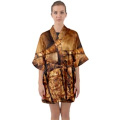 Olive Wood Wood Grain Structure Quarter Sleeve Kimono Robe by Sapixe