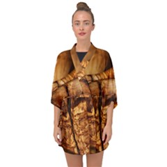 Olive Wood Wood Grain Structure Half Sleeve Chiffon Kimono by Sapixe