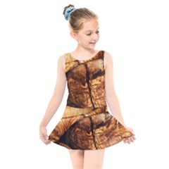 Olive Wood Wood Grain Structure Kids  Skater Dress Swimsuit by Sapixe