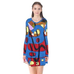 Creativeness Art Illustration Long Sleeve V-neck Flare Dress by Sapixe