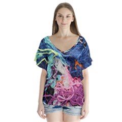 Wool Yarn Colorful Handicraft V-neck Flutter Sleeve Top by Sapixe