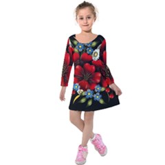 Flower Decoration Bouquet Of Flowers Kids  Long Sleeve Velvet Dress