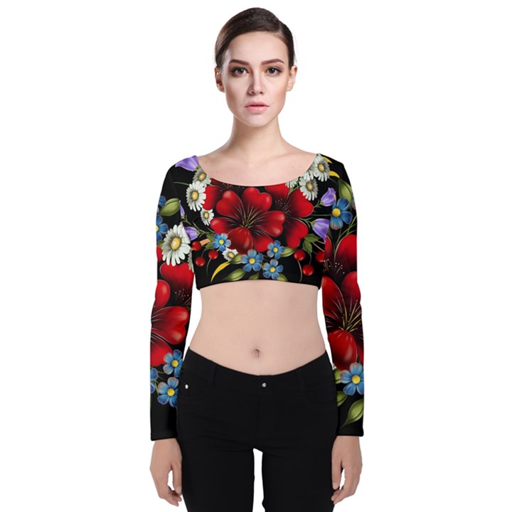 Flower Decoration Bouquet Of Flowers Velvet Long Sleeve Crop Top