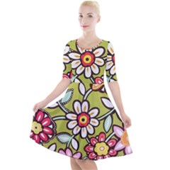 Flowers Fabrics Floral Design Quarter Sleeve A-line Dress by Sapixe