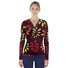 Leaves Foliage Pattern Design V-neck Long Sleeve Top by Sapixe