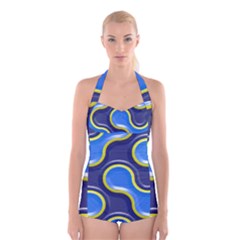 Pattern Curve Design Seamless Boyleg Halter Swimsuit  by Sapixe