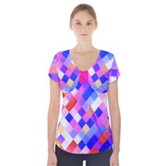 Squares Pattern Geometric Seamless Short Sleeve Front Detail Top by Sapixe