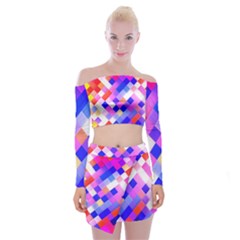 Squares Pattern Geometric Seamless Off Shoulder Top With Mini Skirt Set by Sapixe