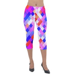 Squares Pattern Geometric Seamless Lightweight Velour Capri Leggings  by Sapixe