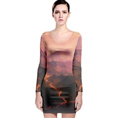 Volcanoes Magma Lava Mountains Long Sleeve Bodycon Dress by Sapixe