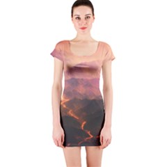 Volcanoes Magma Lava Mountains Short Sleeve Bodycon Dress by Sapixe