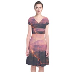 Volcanoes Magma Lava Mountains Short Sleeve Front Wrap Dress by Sapixe