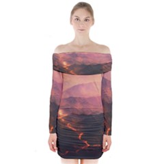 Volcanoes Magma Lava Mountains Long Sleeve Off Shoulder Dress by Sapixe