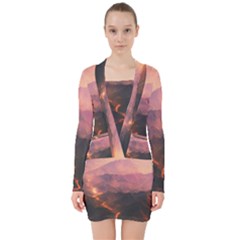 Volcanoes Magma Lava Mountains V-neck Bodycon Long Sleeve Dress by Sapixe