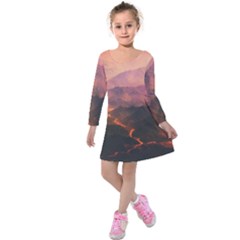 Volcanoes Magma Lava Mountains Kids  Long Sleeve Velvet Dress by Sapixe