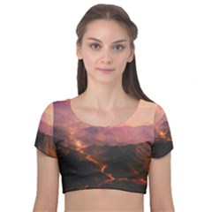 Volcanoes Magma Lava Mountains Velvet Short Sleeve Crop Top  by Sapixe