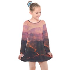 Volcanoes Magma Lava Mountains Kids  Long Sleeve Dress by Sapixe