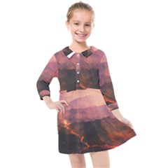 Volcanoes Magma Lava Mountains Kids  Quarter Sleeve Shirt Dress by Sapixe