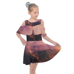 Volcanoes Magma Lava Mountains Kids  Shoulder Cutout Chiffon Dress by Sapixe