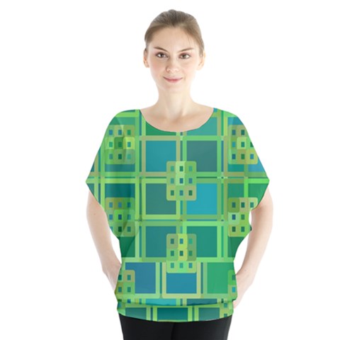 Green Abstract Geometric Batwing Chiffon Blouse by Sapixe