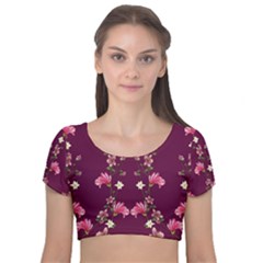 New Motif Design Textile New Design Velvet Short Sleeve Crop Top  by Sapixe